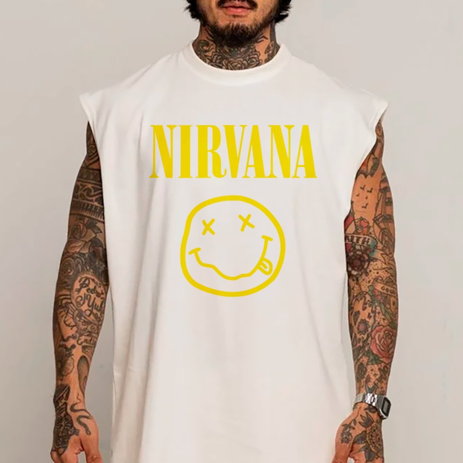 Camiseta Regata Machão Nirvana Smiley Grunge Rock Street Style Premium Branco