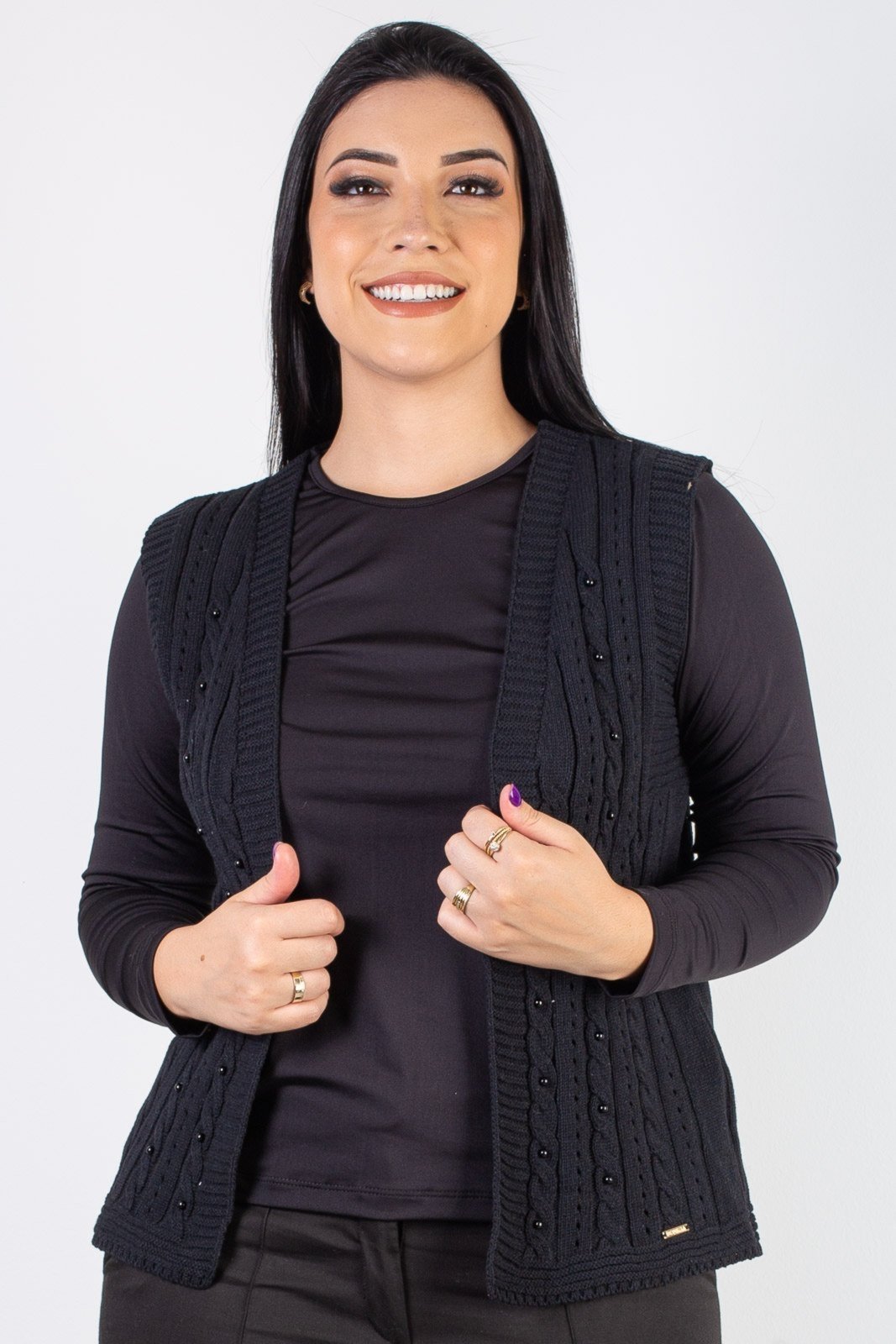 Colete de malha feminino com tranças 60006 – Preto