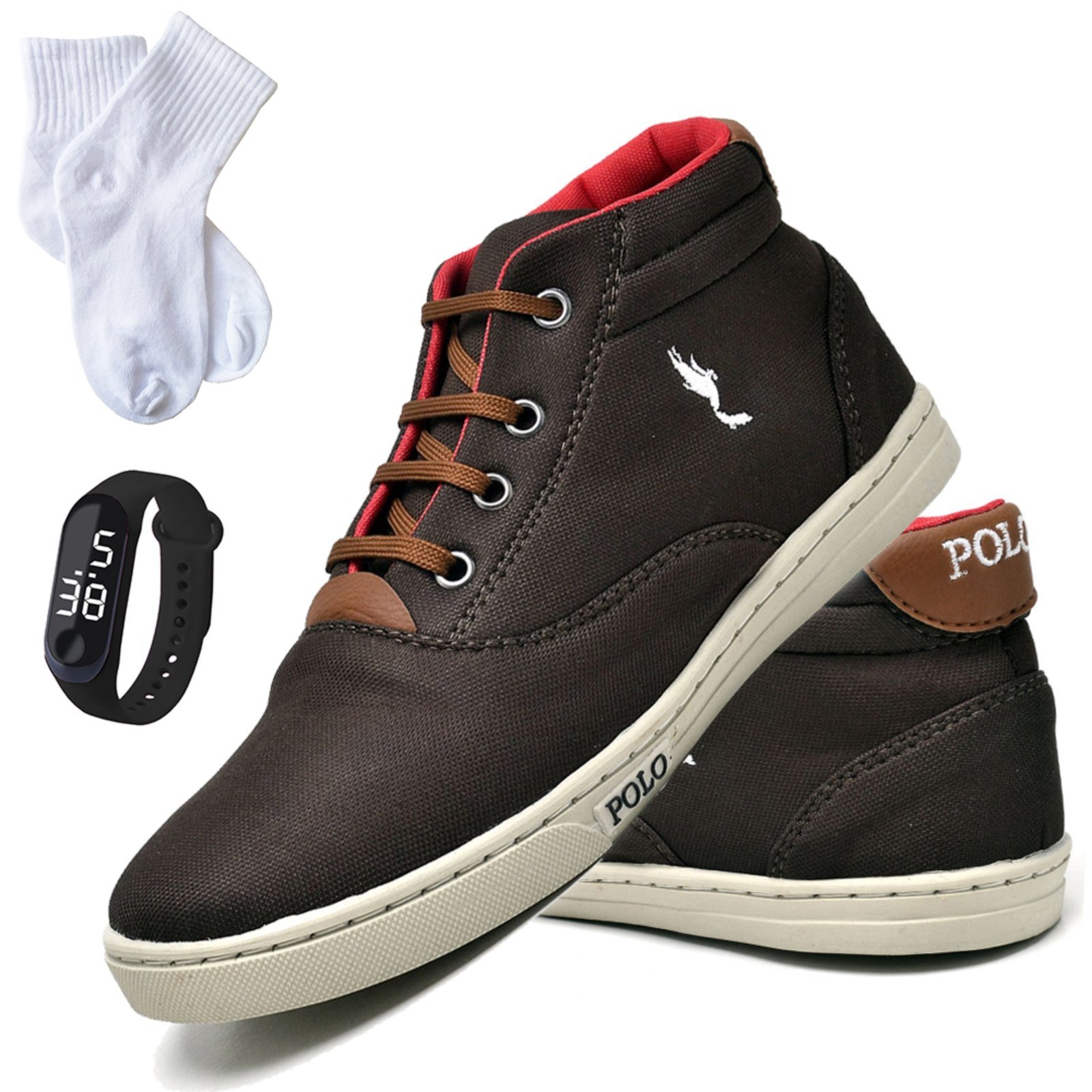 Infantil – Kit Sapatenis Polo Blu Menino Conforto Casual Botinha Cano Alto Café + Relógio Digital + Meia
