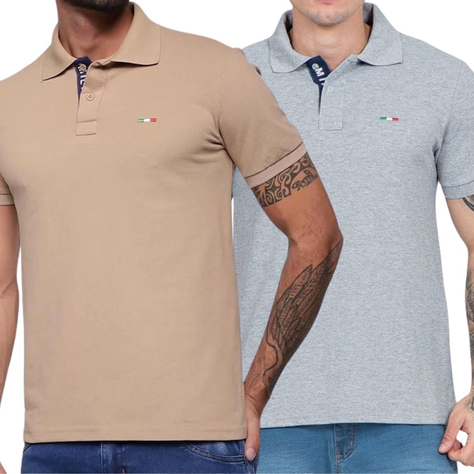 Vista 2 Kit 2 Polos Masculina Básicas FMF Piquet no Estilo Tommy Bordado Itália Bege Cinza multicolorido FMF multicolorido