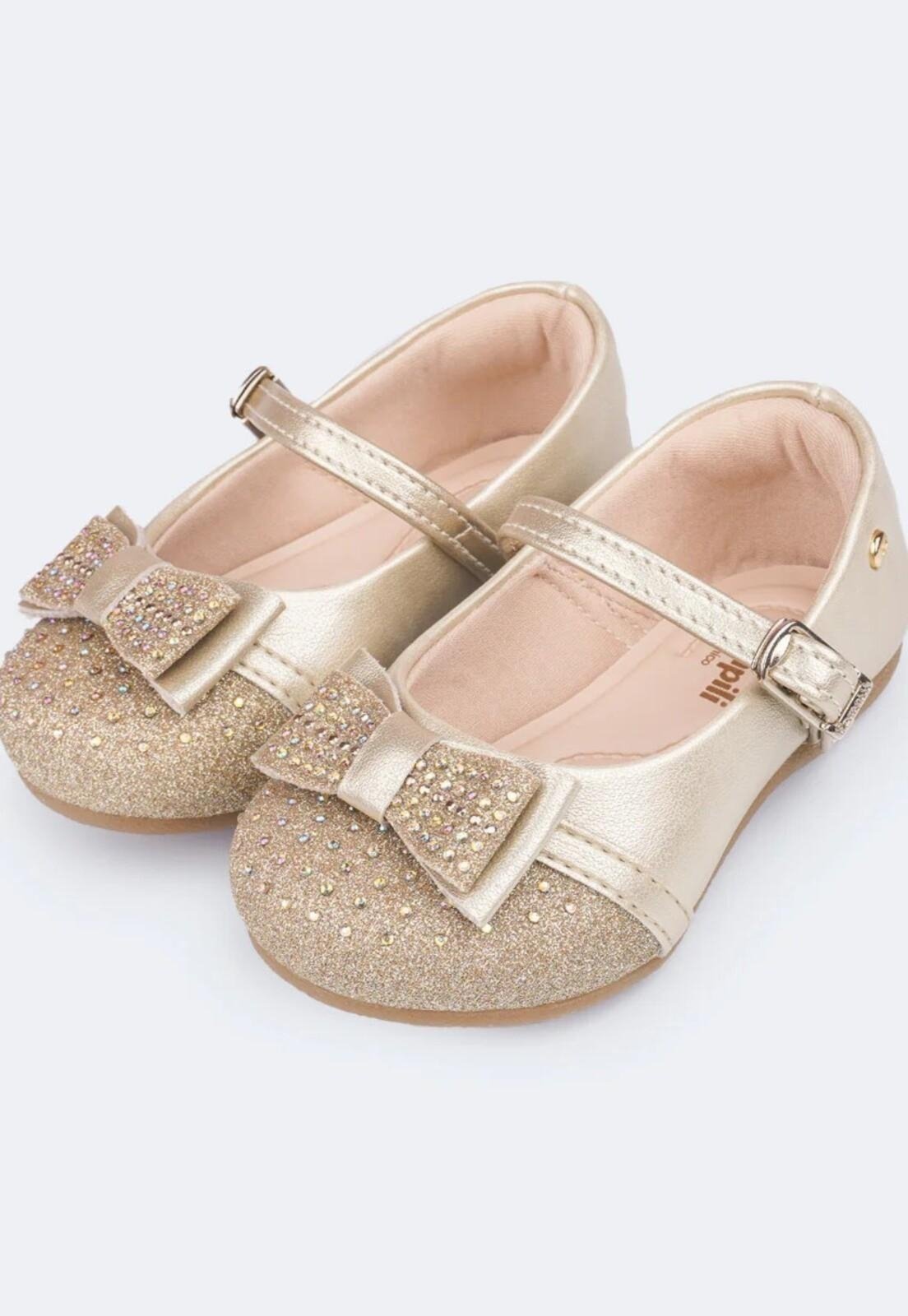 Vista 2 Infantil - Sapato Pampili Mini Angel Laço Duplo Strass Glitter 18 PKT dourado PKT dourado