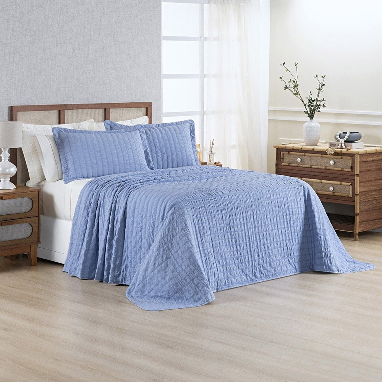 Cobre Leito Colcha Pliscê King 3 Peças Dupla Face - Azul Mineral