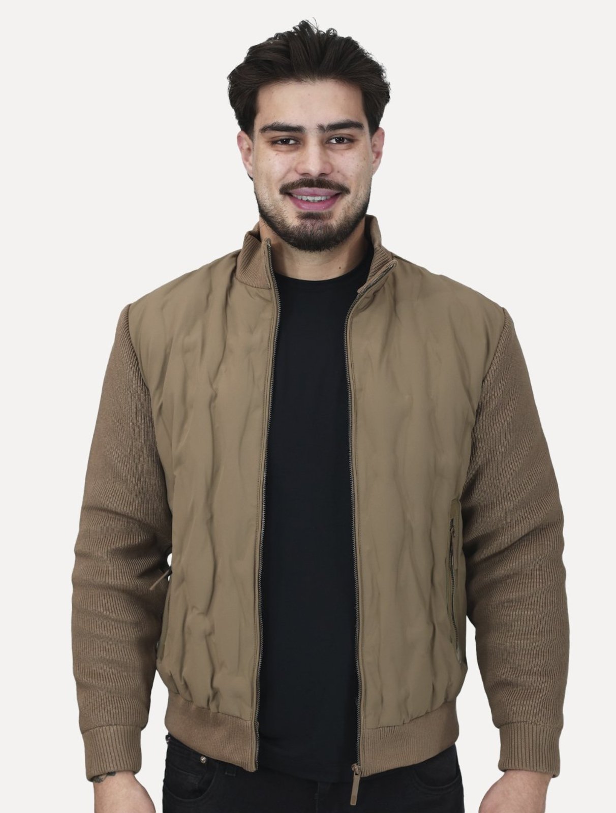 Jaqueta Masculina Nylon Manga Ribana Pocket Zip Cáqui
