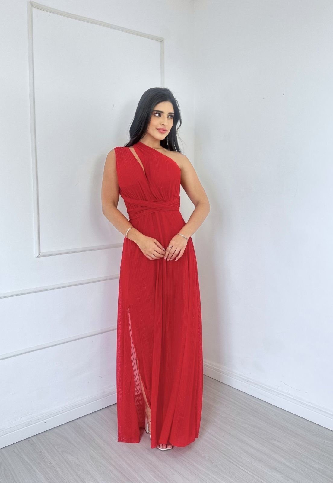 Vestido Longo Frente Única Lurex Brunne Vermelho