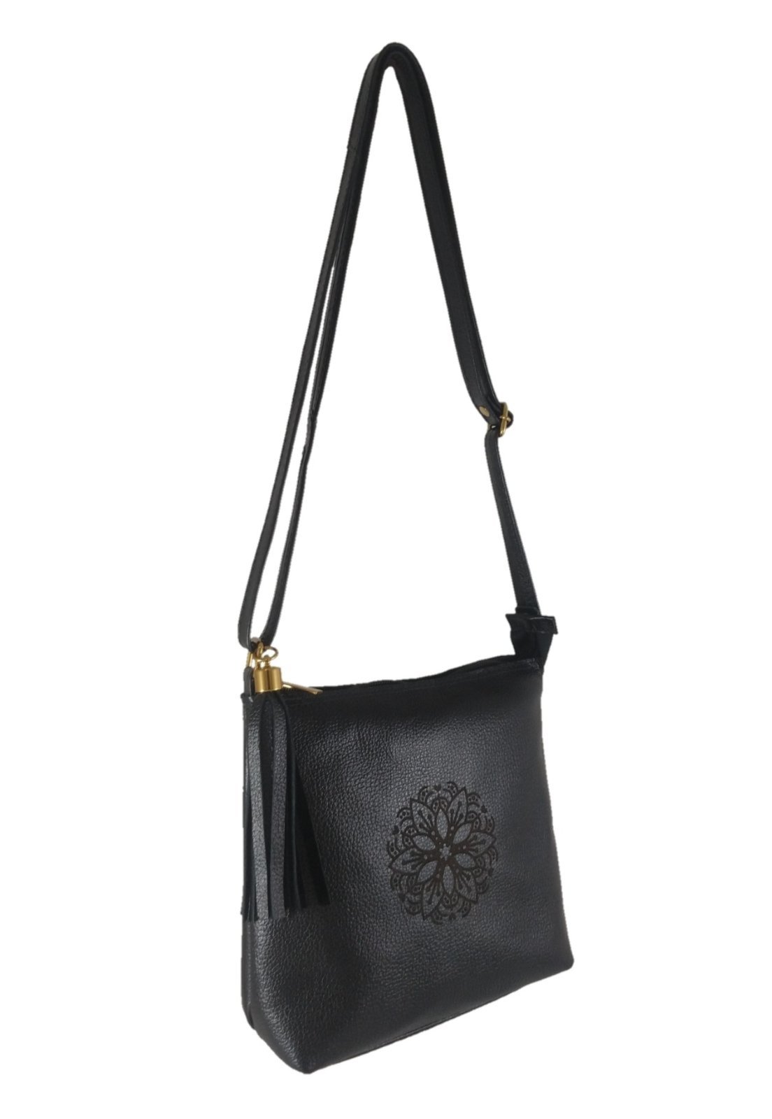 Bolsa Transversal TopGrife Estampa Mandala Couro Preto