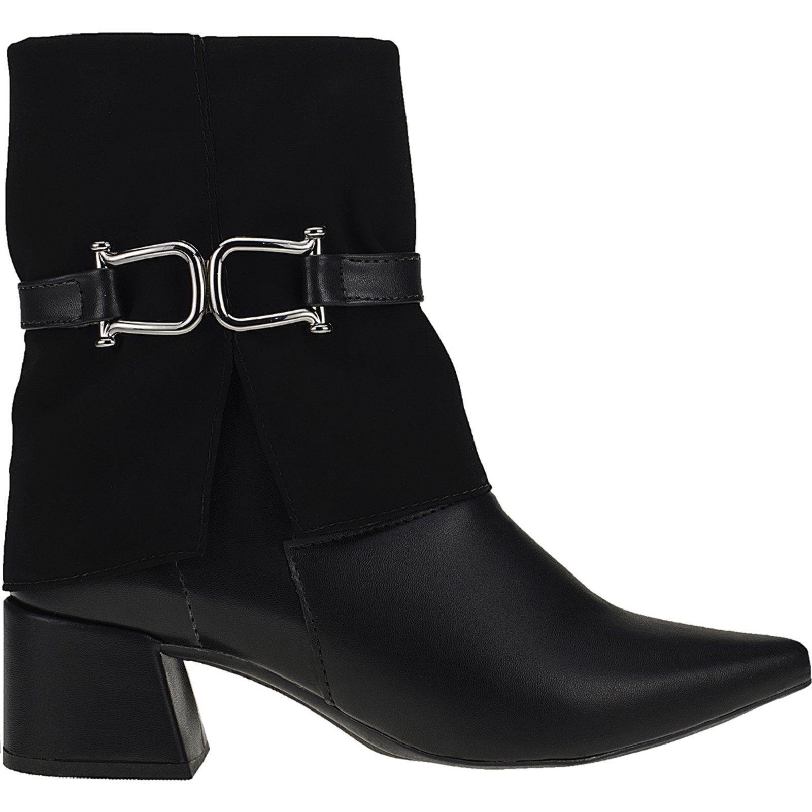 Bota Feminina Bico Fino Salto Shekinah Detalhe Capa Gola Enfeite Lateral Moda Preto