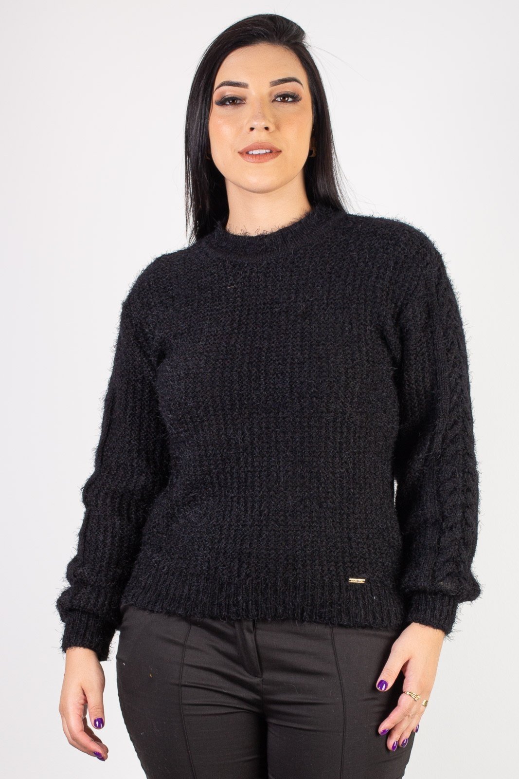Blusa de malha feminina com tranças 60010 – Preto