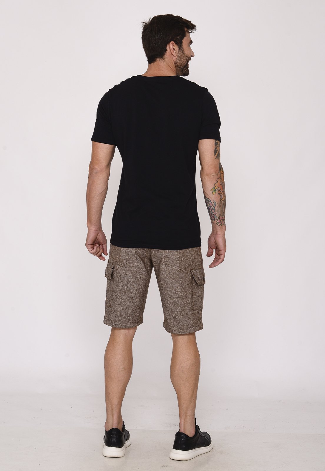 Vista 3 Bermuda Masculina Cargo Sarja Elástica Bolsos Laterais Casual Confortável Macaw bege Macaw bege