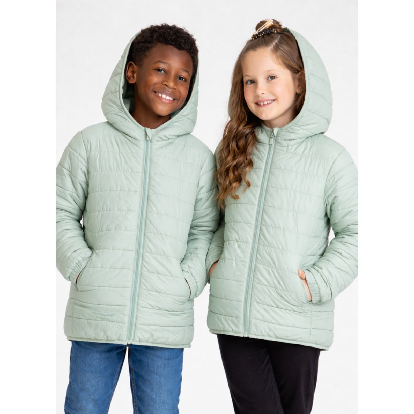 Infantil - Jaqueta Puffer Inverno Unissex Verde Com Capuz