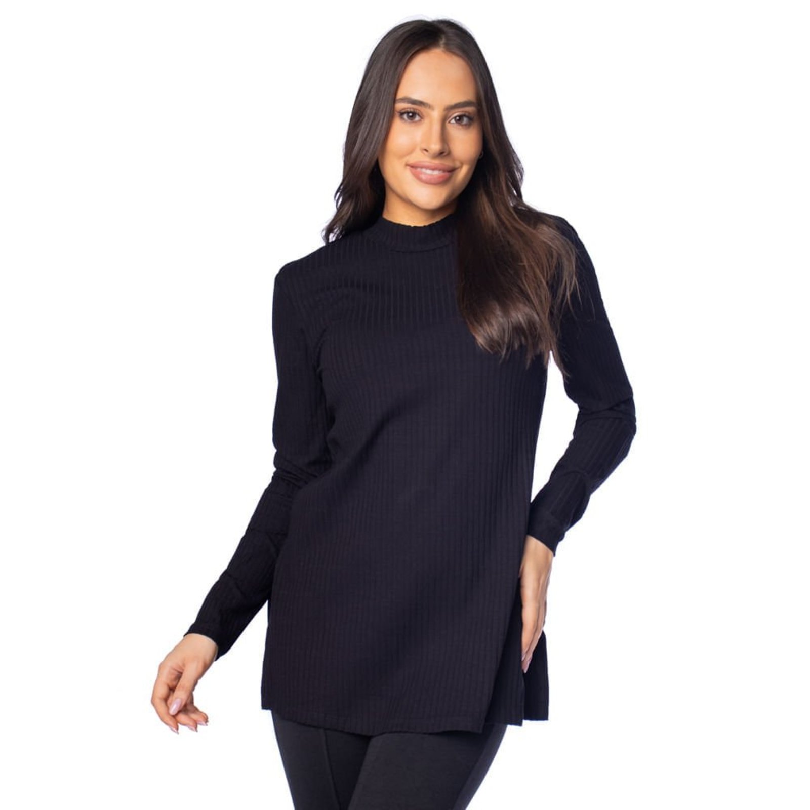 Blusa Feminina Habana Manga Longa Canelada Fendas Lateral