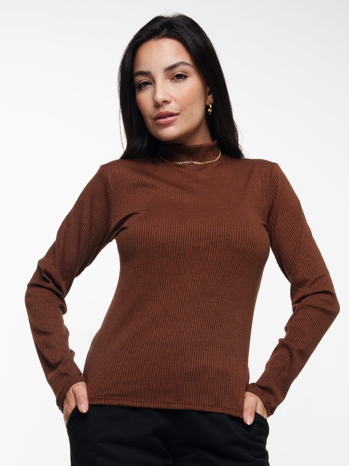 Blusa Feminina Canelada Gola Alta Manga Longa Básica Vicbela Marrom