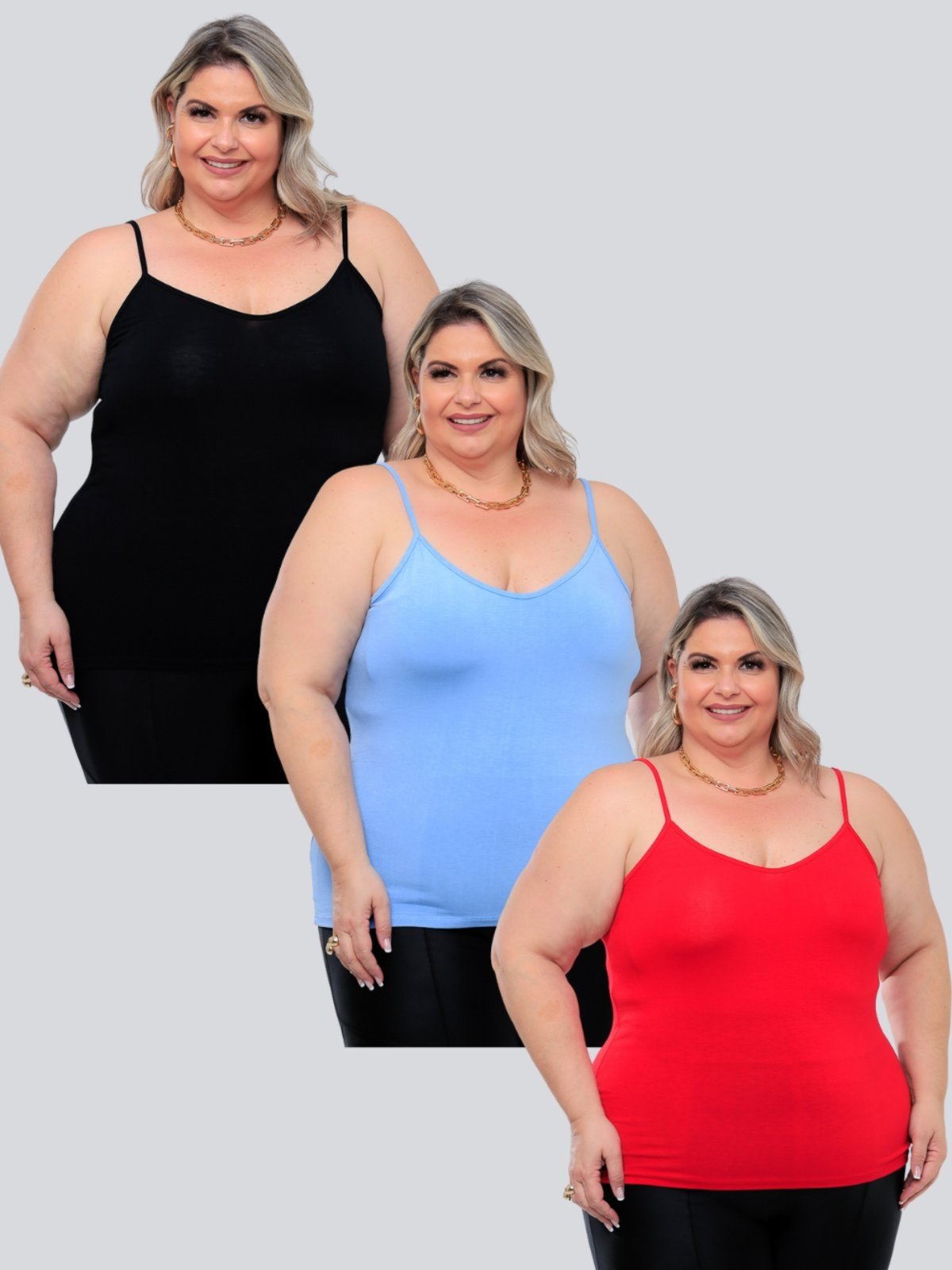Kit 3 Peças Regata Plus Size Feminina Básica Viscolycra Alcinha Fina Leve estilo Casual GARAIS MODA moda Verão Preto Azul Vermelho