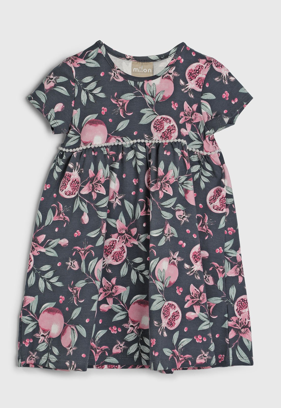 Vestido Milon Estampa Floral e Frutas Manga Curta Verde
