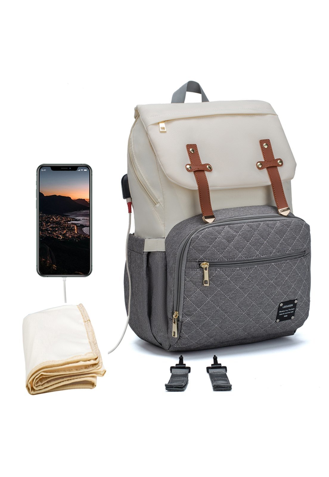 Infantil - Mochila Bolsa Lequeen Maternidade Com Bolso Térmico Bege/Cinza