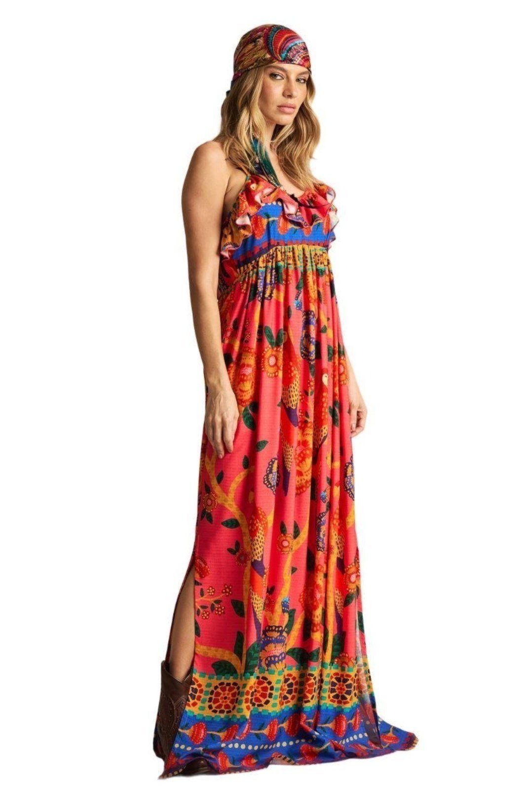 Vestido Longo De Alças Reguláveis Com Babadinhos Rosa Estampado Yacamim E17 – Estampado