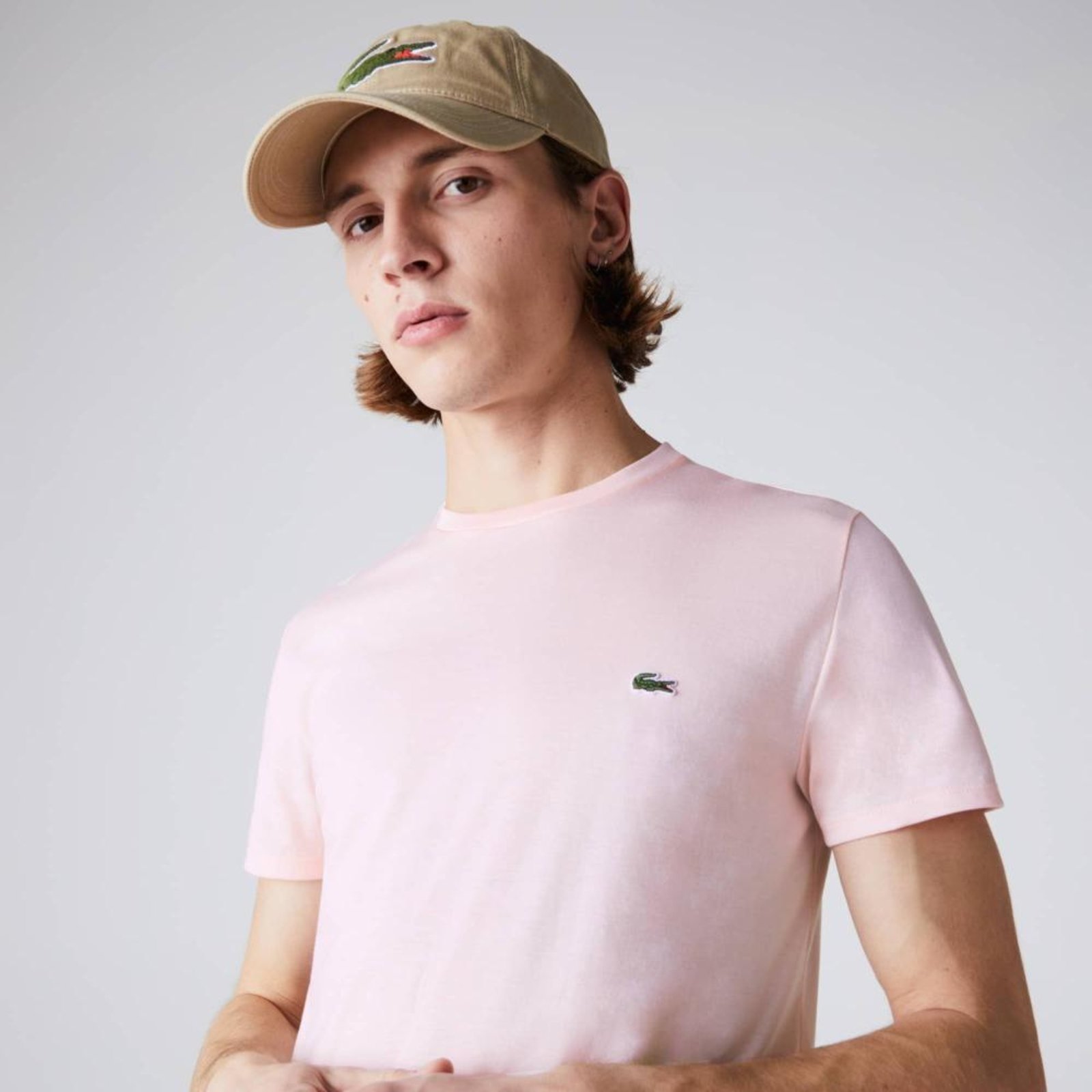 Camiseta Lacoste em Jérsei com Gola Redonda Masculino Rosa