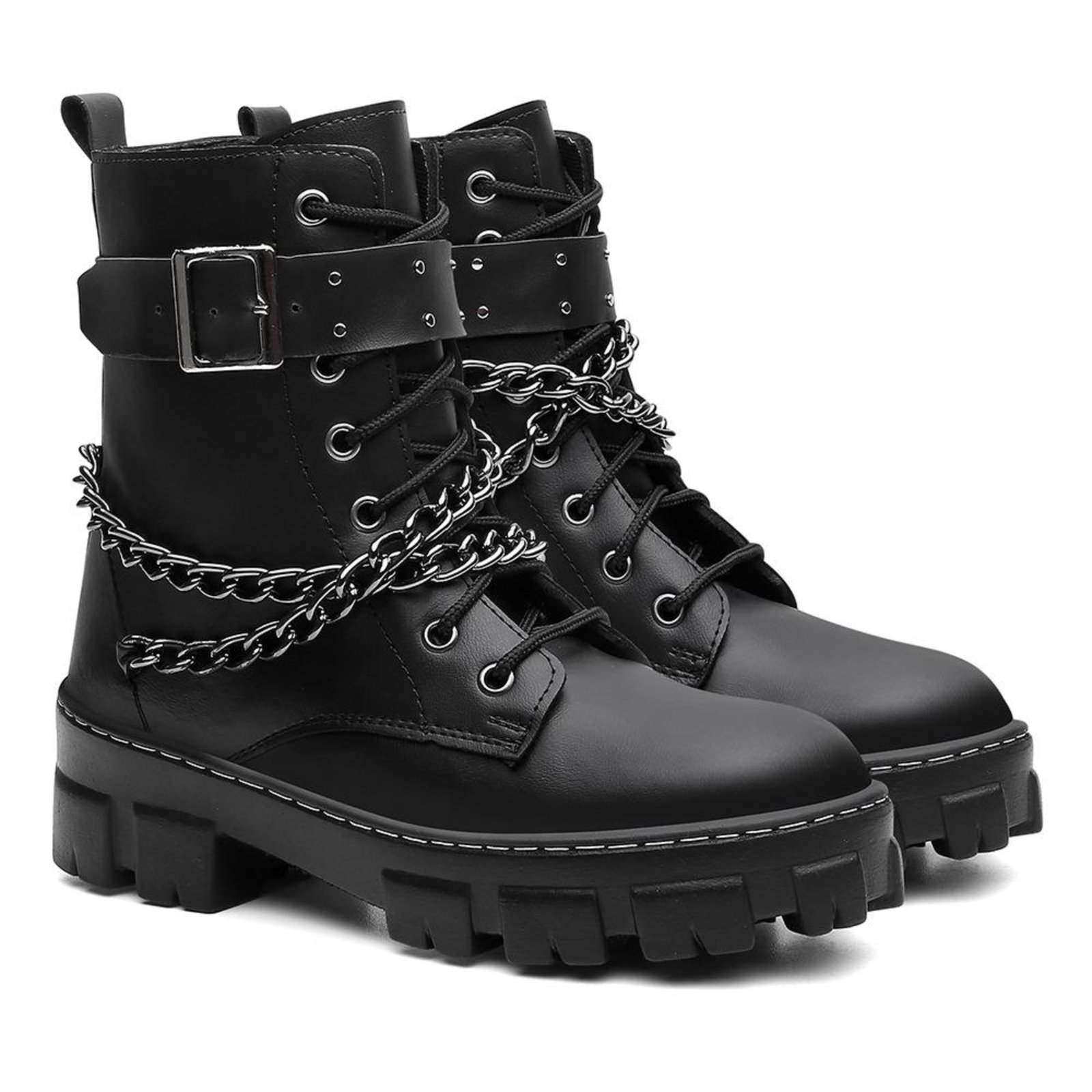 Bota Feminina Veritimo Coturno Tratorado Casual Fivela Correntes Moderno Preto