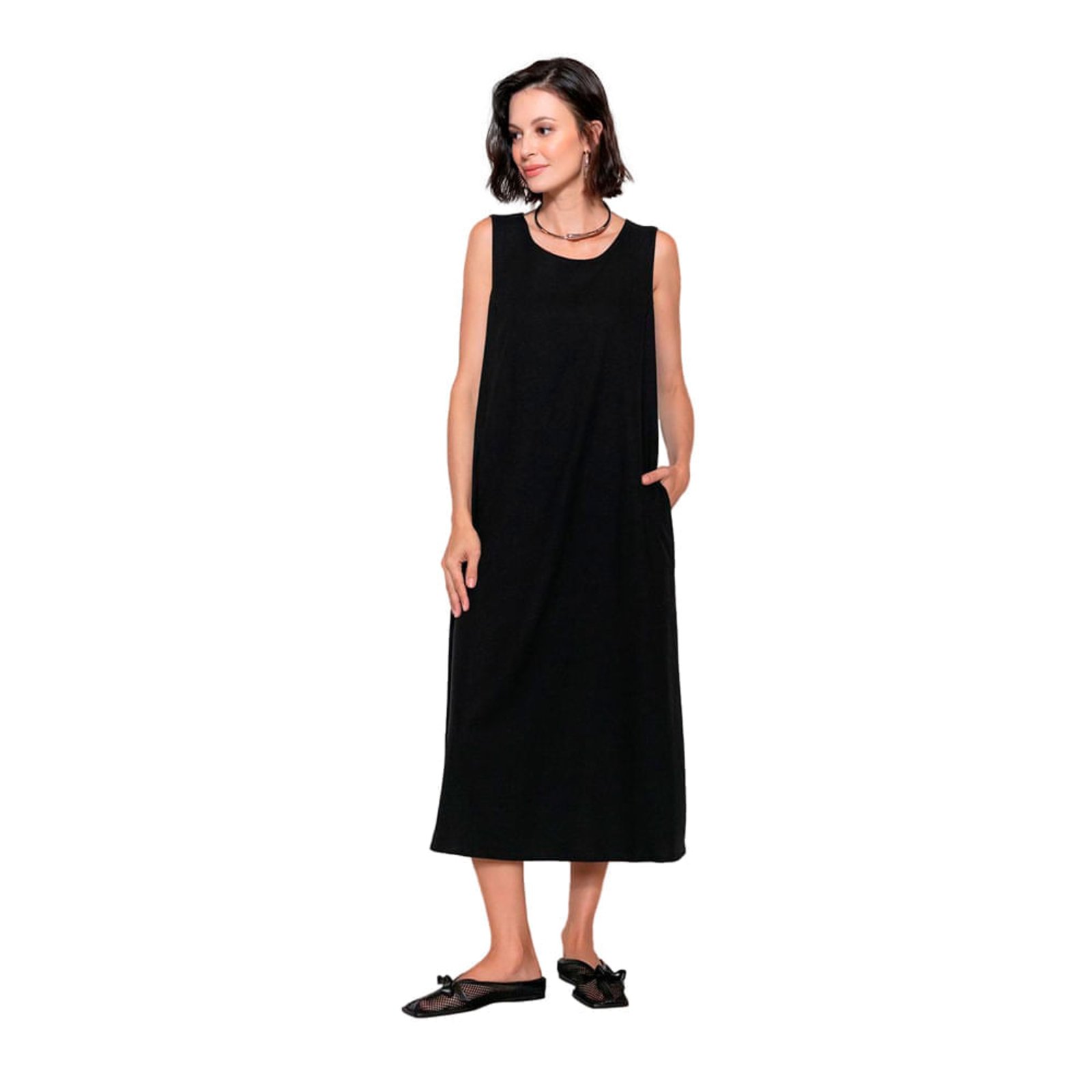 Vestido Feminino Biamar Longo Gola Redonda Preto
