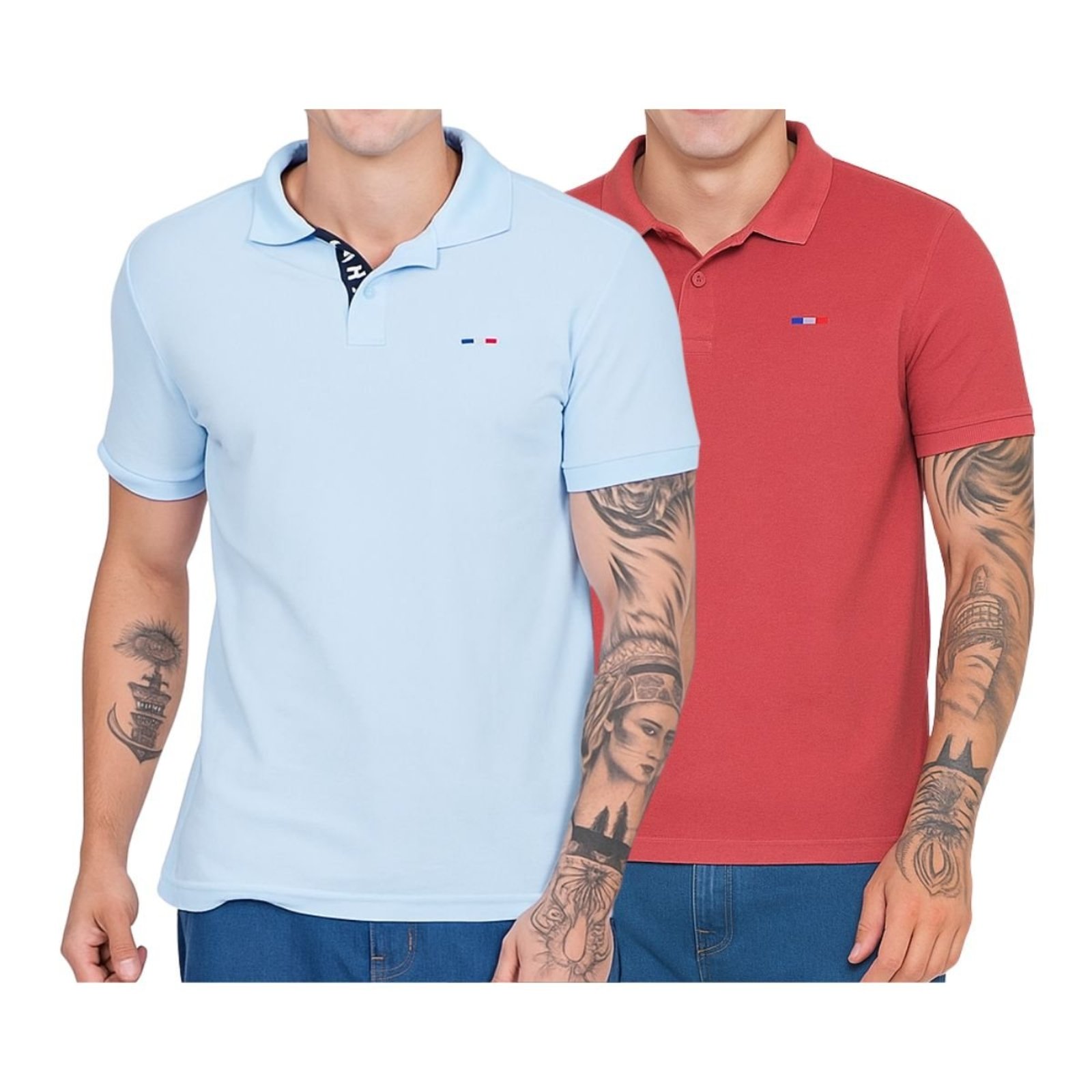 Kit 2 Polos Masculina Básicas Azul e Coral Bordado França