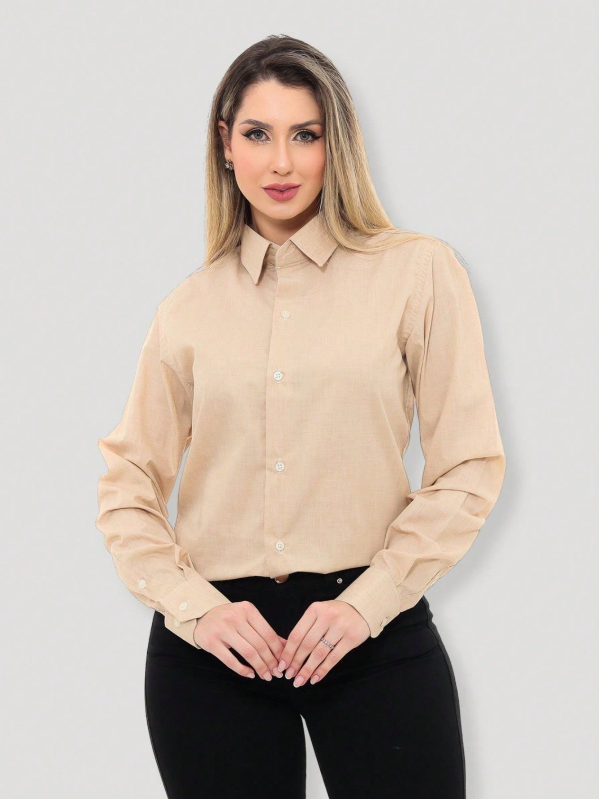 Camisa Social Feminina Premium Tipo Linho Bege Manga Longa
