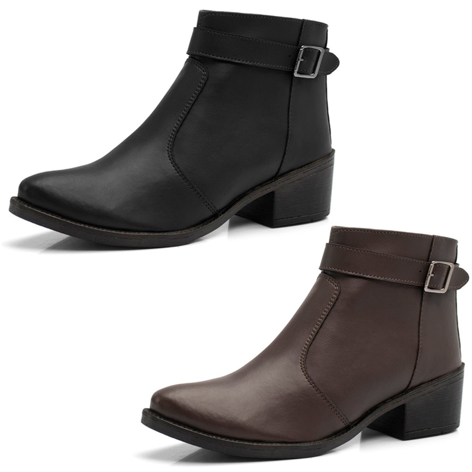 Bota Feminina Bredeni Cano Baixo Com Fivela Zíper Marrom Preta