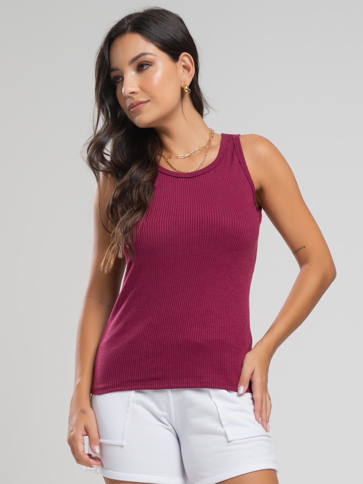 Blusa Canelada Vicbela Regata Gola Redonda Vinho