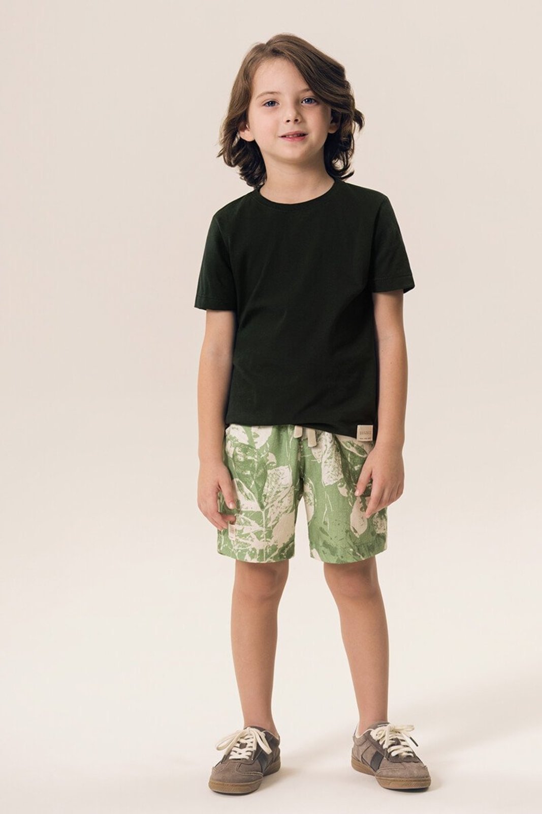 Infantil - Conjunto Bugbee Camiseta Malha e Bermuda em Tecido Rustico Estampado Eco Printing