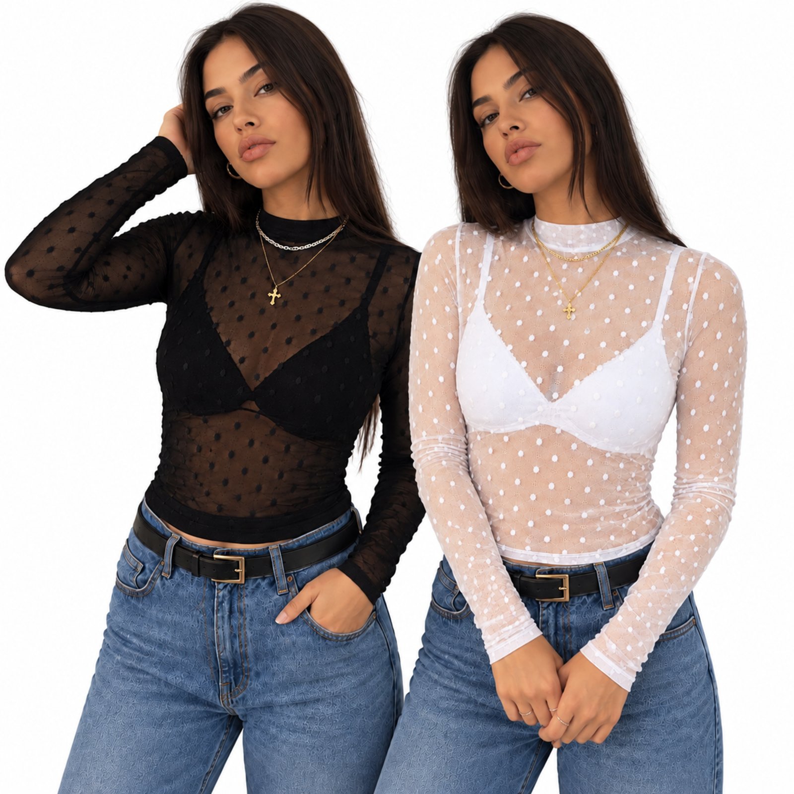 Kit 2 Blusas Femininas Tule Manga Longa Poá Transparente Preto e Branco