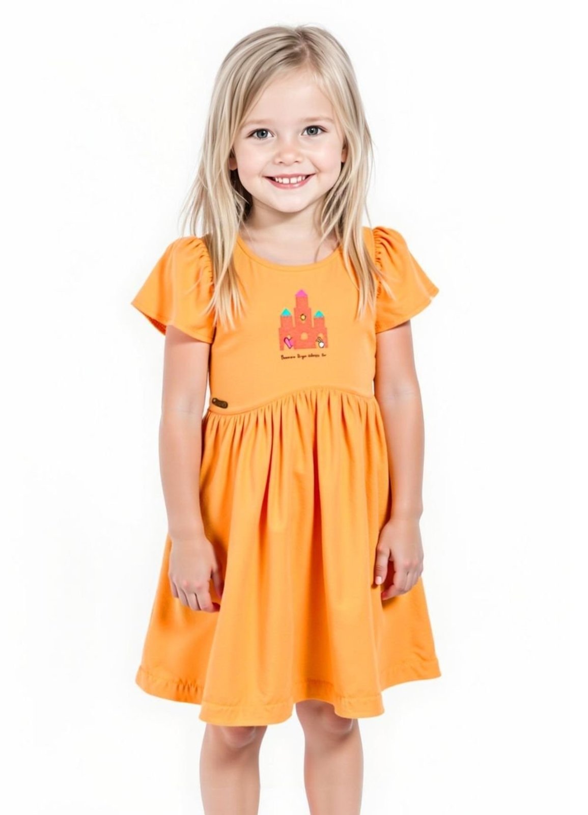Infantil - Vestido Menina Lá No Meu Castelo Alphabeto Laranja Laranja