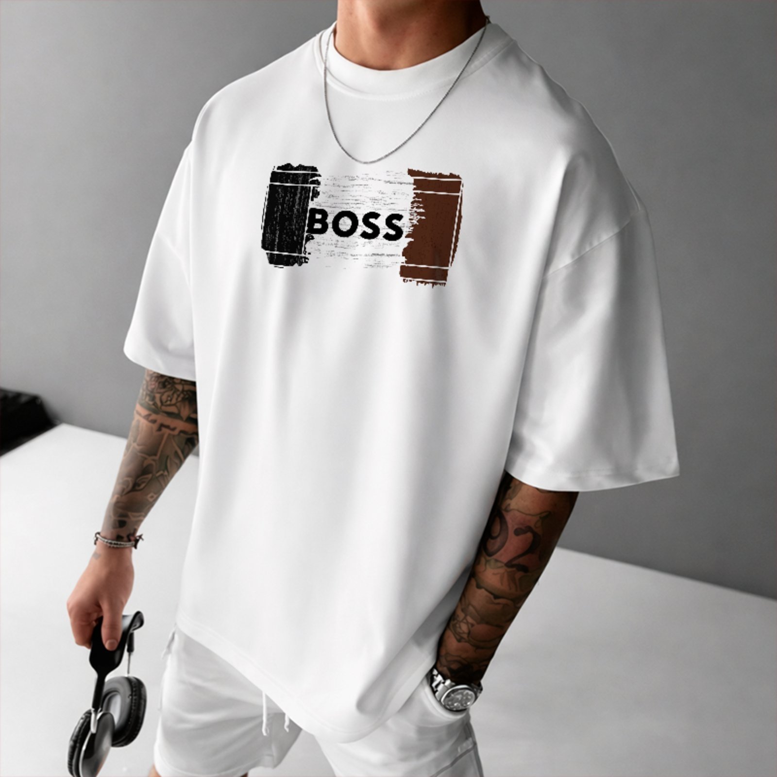 Camiseta Oversized Boss Estampa Moderna Street Style Branco