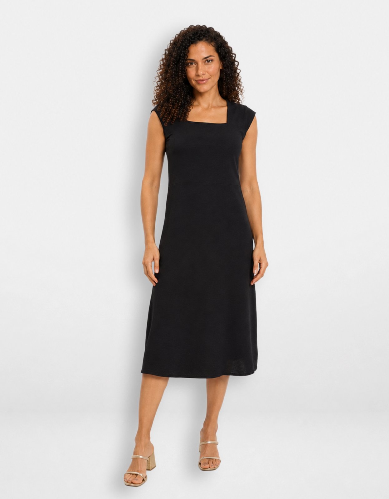 Vestido Midi Feminino Pompier em Crepe com Decote Quadrado e Manga Japonesa Preto