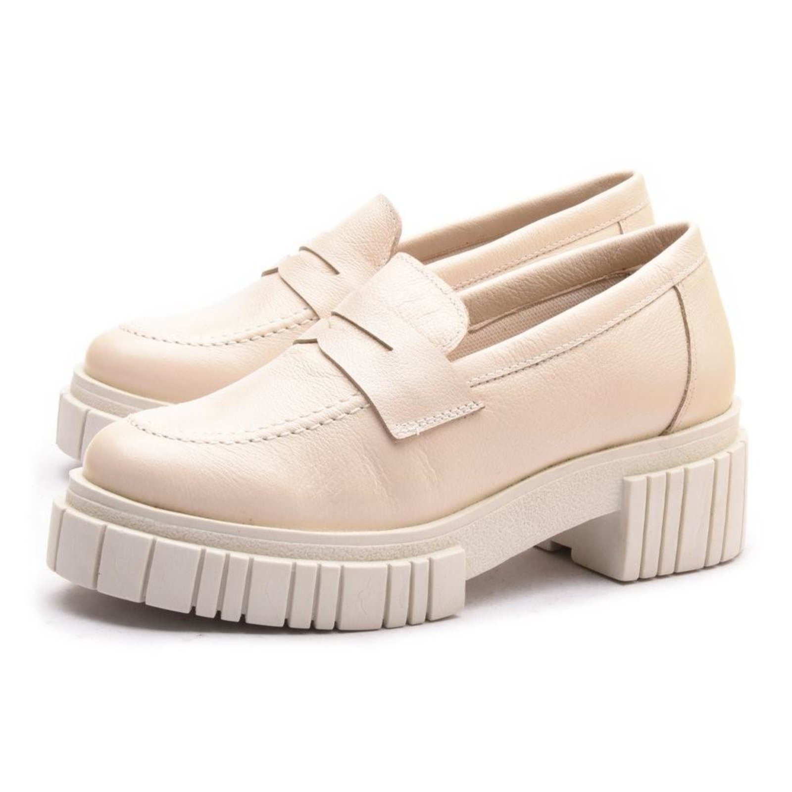 Sapato Mocassim Feminino Couro Tratorado Oxford Flatform Off-white