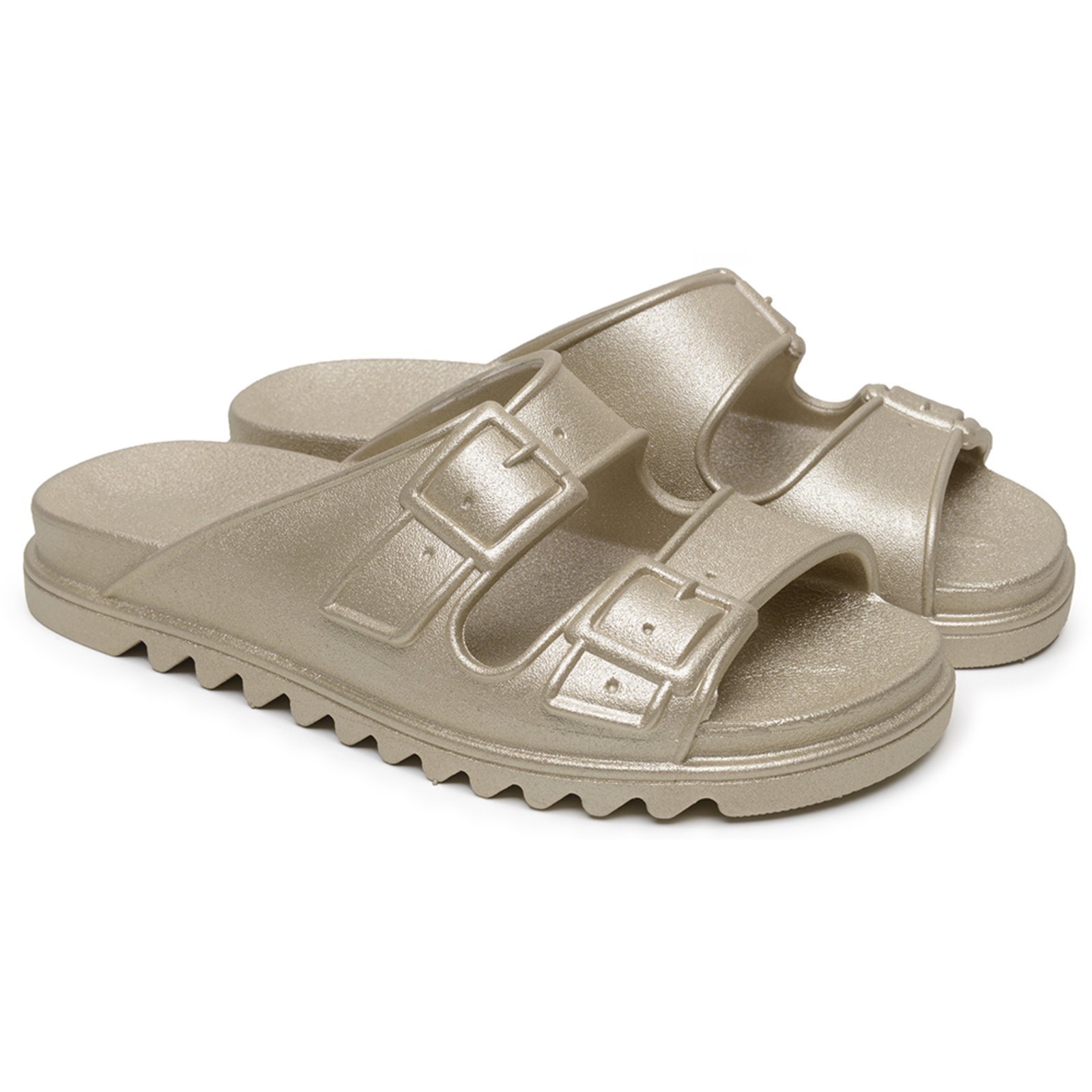 Chinelo Feminino Slide Anna Andrade Papete Casual Leve Anatômica Moderno Metalizada Dourado