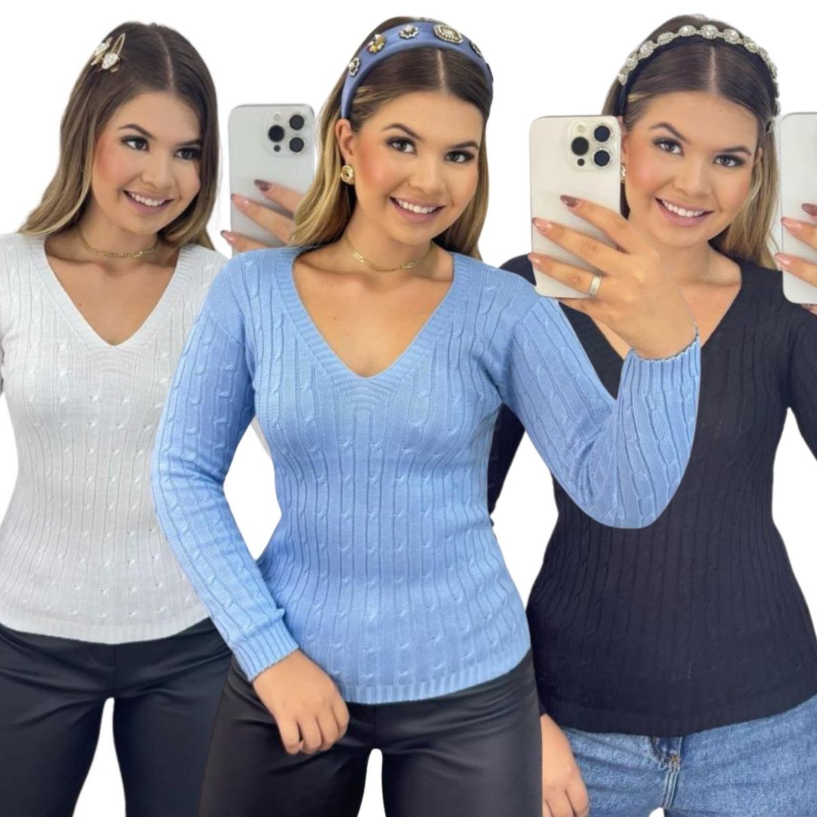 Kit 3 Blusas FMF Femininas Suéter Malha Tricô Manga Longa