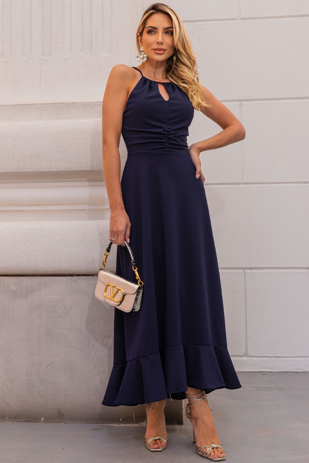 Vestido Cristina Longo Franzido No Busto Com Babado Na Barra Azul