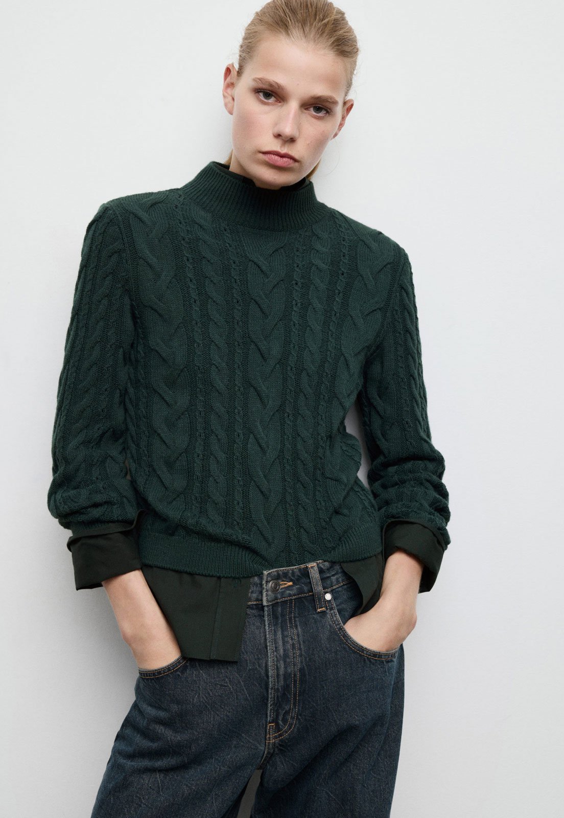 Suéter Feminino Mango Tricô Ponto Trançado Verde Escuro