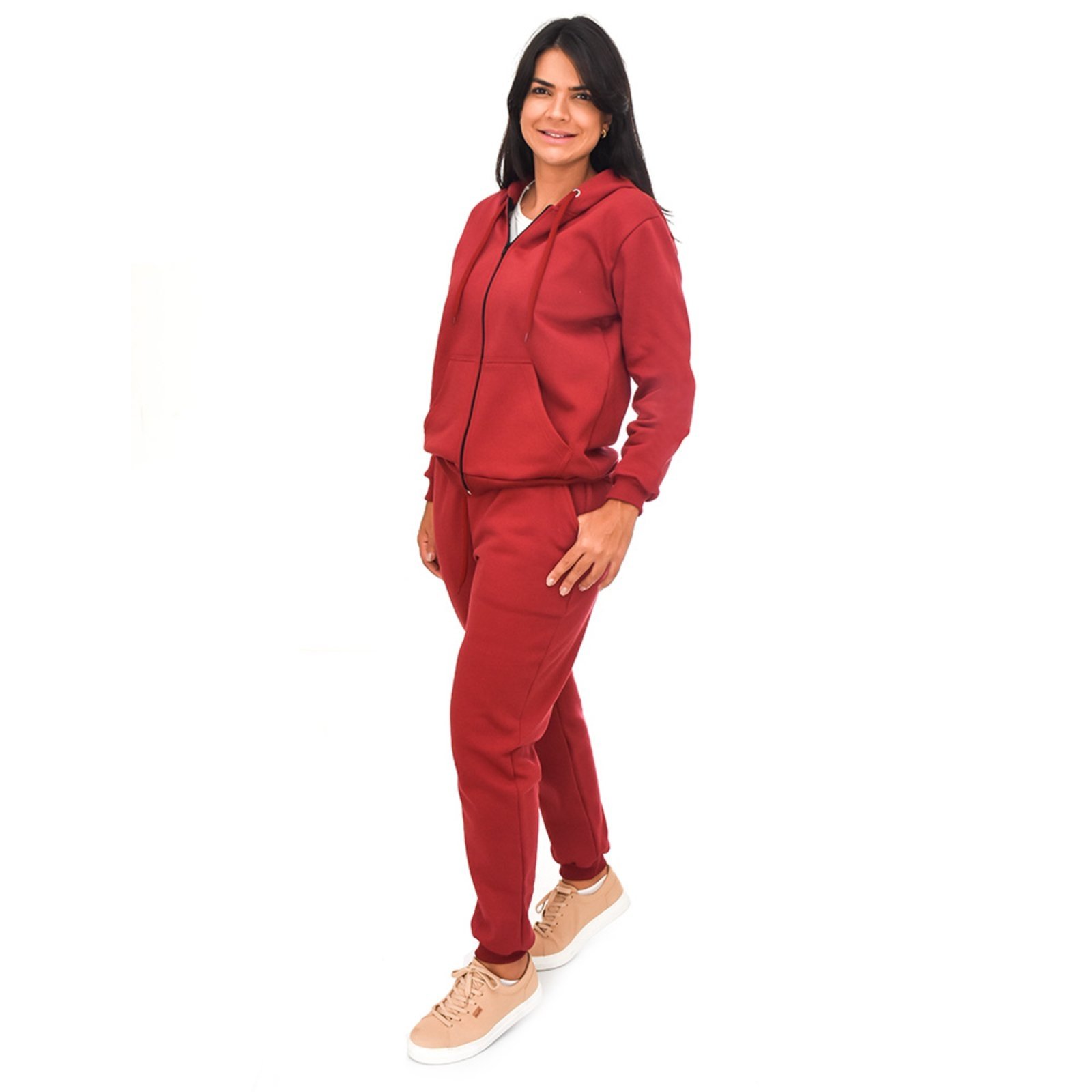 Conjunto Em Moletom Blusa Com Zíper e Capuz Jaqueta E Calça Estilo Jogger Adulto Vinho Aliarthe