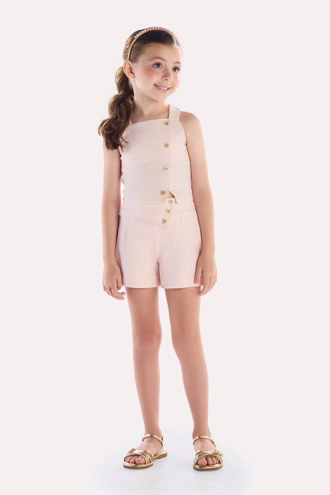Infantil - Conjunto Blusa Linho com Renda e Shorts Rosa