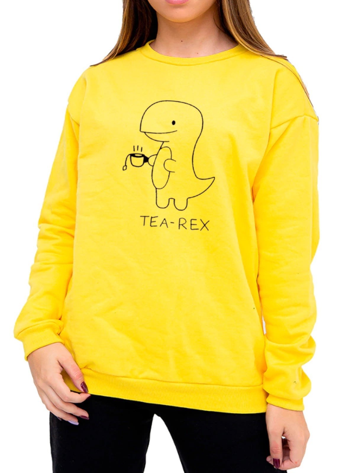 Blusa de Frio Moletom Flanelado Estampado Gola Redonda Moleton Clássico Gola Careca Casaco Blusão Premium Amarelo mescla Estampa Tea Rex
