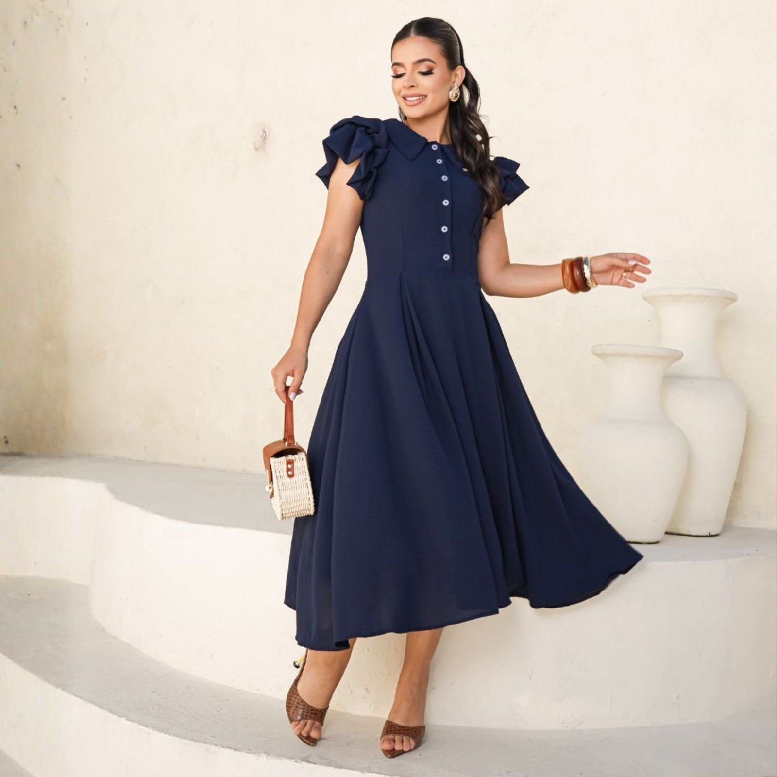 Vestido Feminino Midi Acinturado Saia Evasê Com Mangas Bufantes Moda Evangelica Modesta