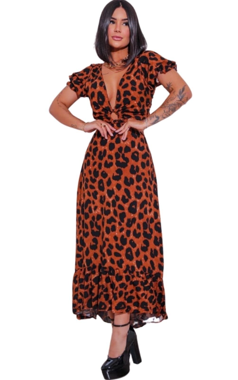 Vestido Midi Viscose Abertura Argola Onça Escuro Animal Print