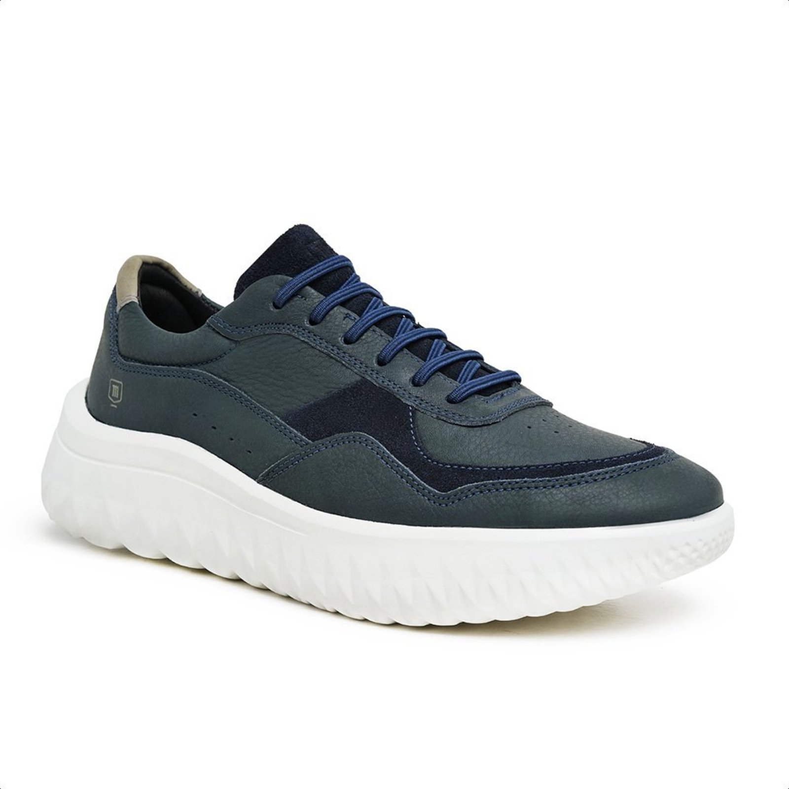 Tênis Masculino Malbork Couro Azul com Detalhe em Camurça Solado Branco Confortável