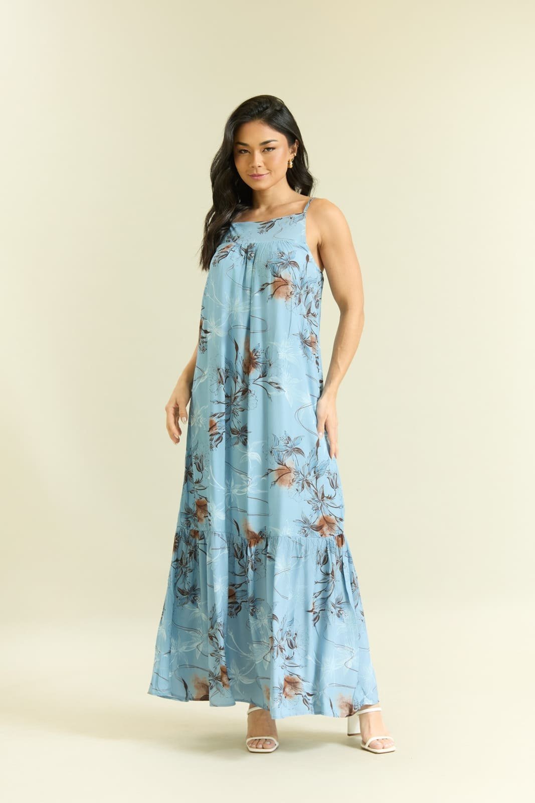 Vestido Longo Feminino Estampado Tropical Lemier Collection Azul