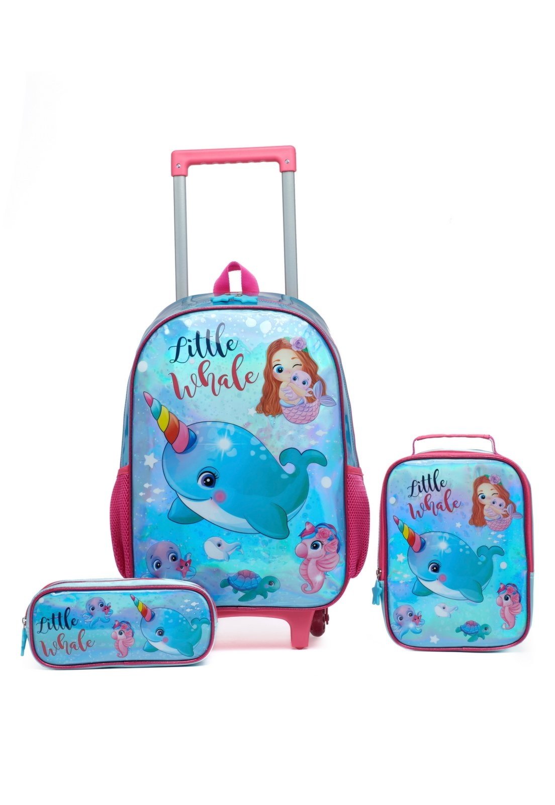 Infantil - Kit Mochila c/ Rodinhas Escolar Unicórnio Ferrazzi Lancheira Térmica Estojo Reforçada