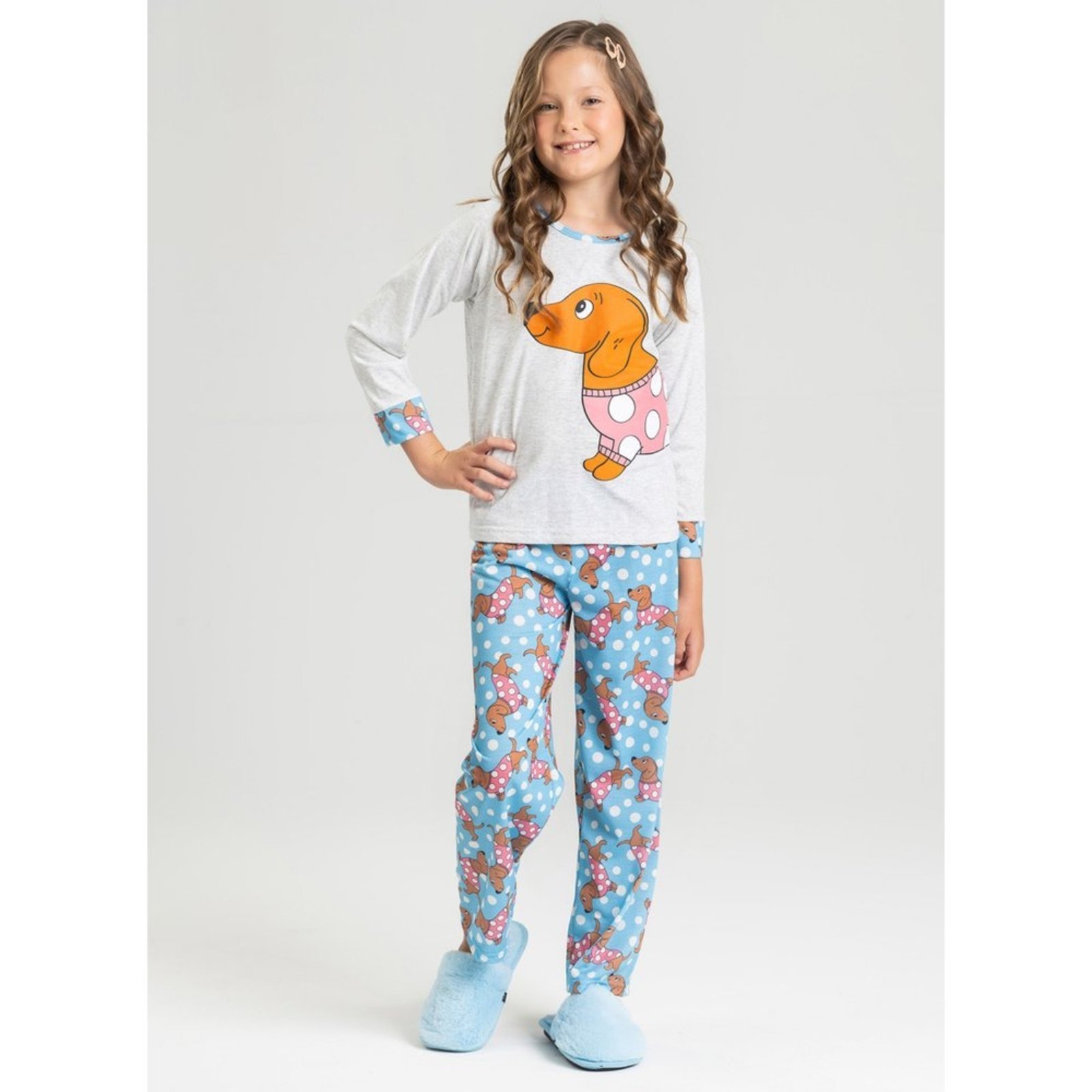 Pijama Longo Menina Mescla Cachorrinhos e Bolinhas