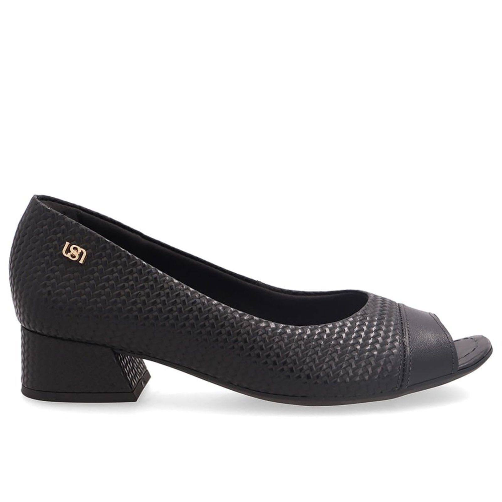 Peep Toe Em Couro Preto Texturizado Com Salto Bloco