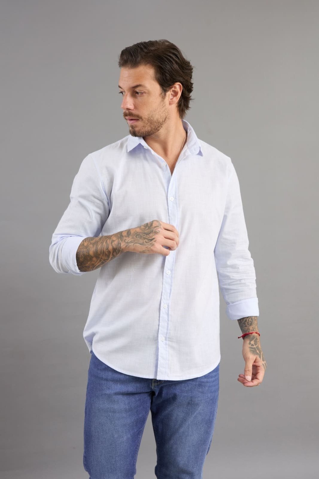 Camisa Social Masculina Manga Longa Diálogo Jeans Azul