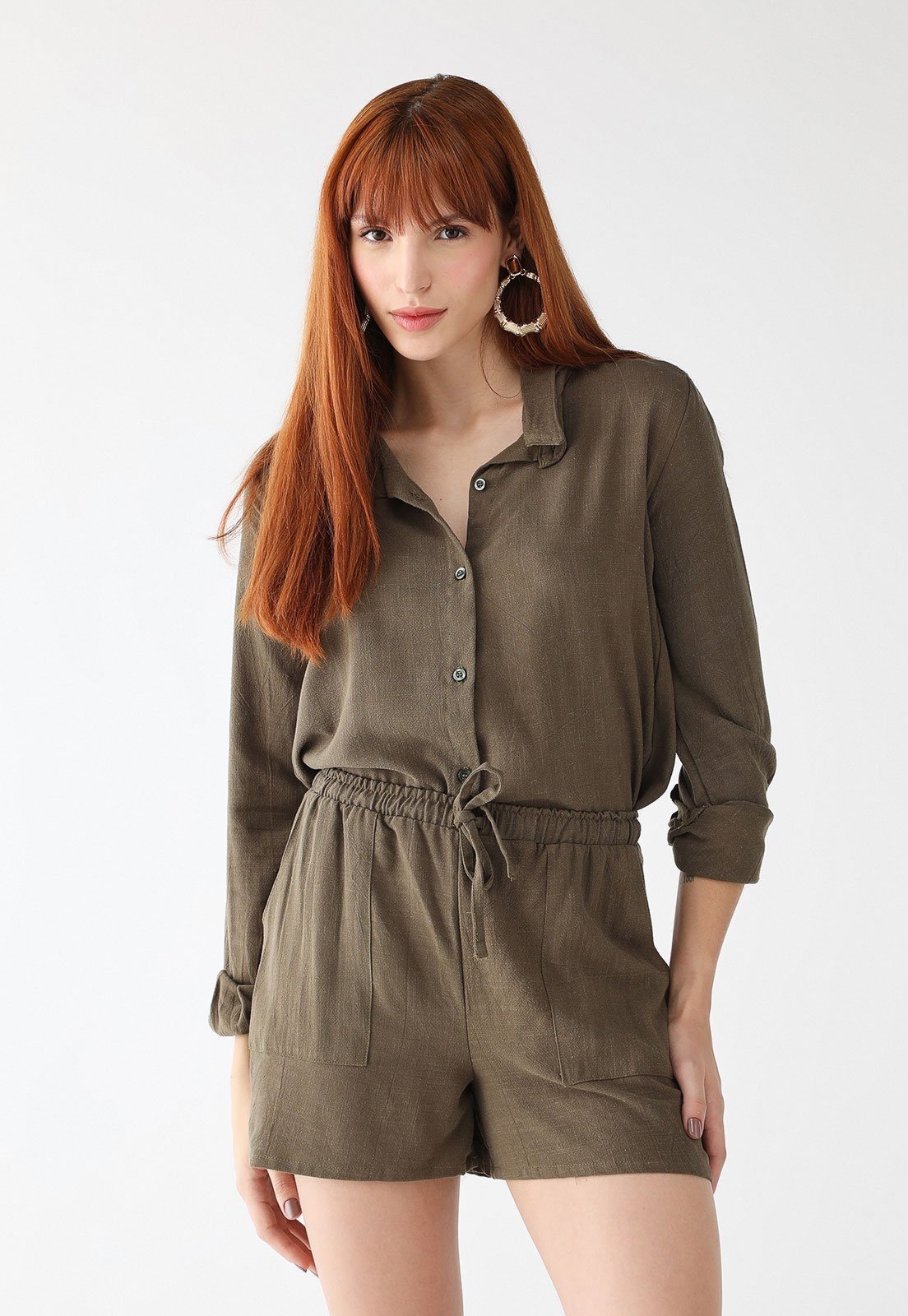 Conjunto Feminino De Linho 77vs Levosch Camisa e Shorts Verde Militar
