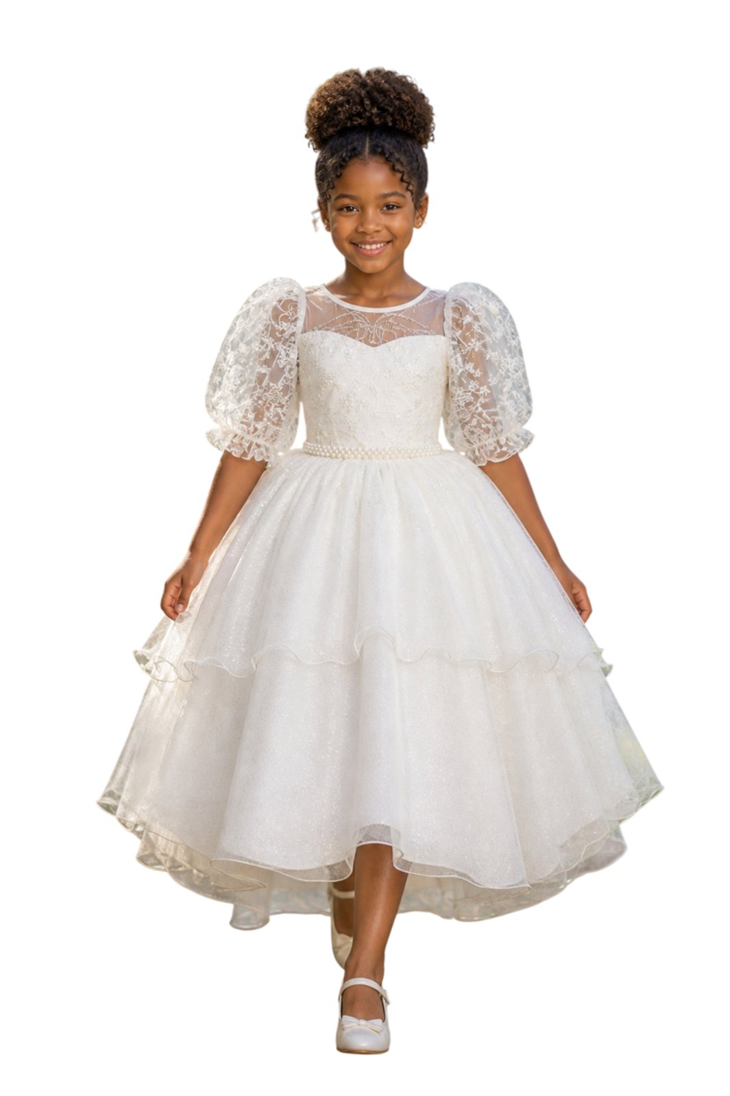 Infantil - Vestido Longo Social Luxo Branco Off White Marfim Creme Festa Formatura Casamento Pérolas Renda Dama Daminha Menina Juvenil Juvenil Princesa Rodado Florista Aniversário