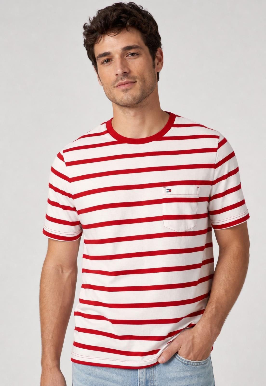 Camiseta Masculina Tommy Hilfiger Listrada Vermelha